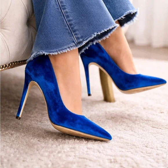 Electric Blue Velvet Stiletto Heels Size 8 | Shoe Republic LA Pointed Pumps - Picture 1 of 7